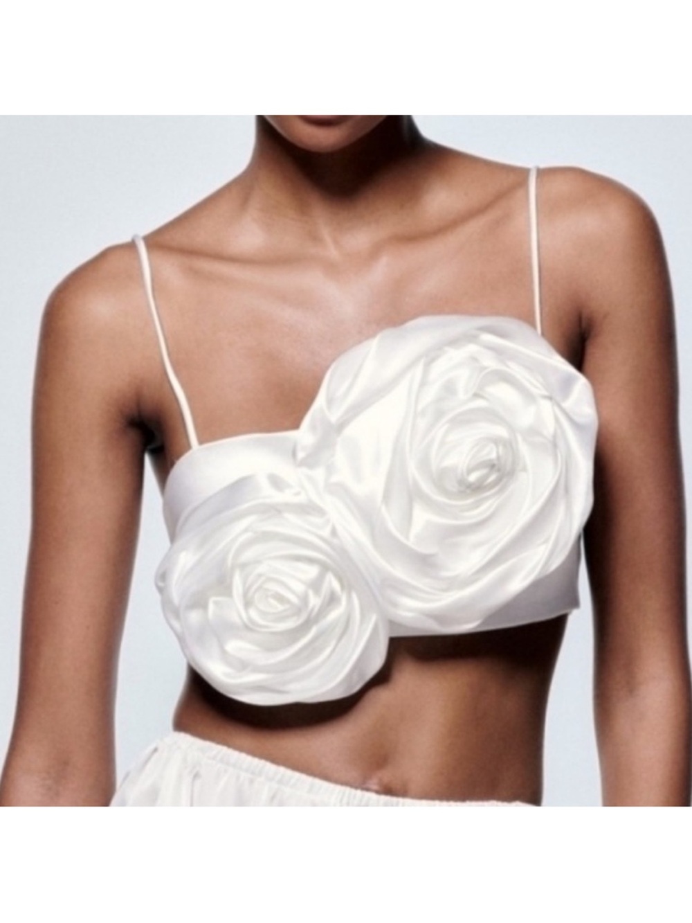 Zara White Floral Satin Crop Top - Women's Spaghetti Strap Top